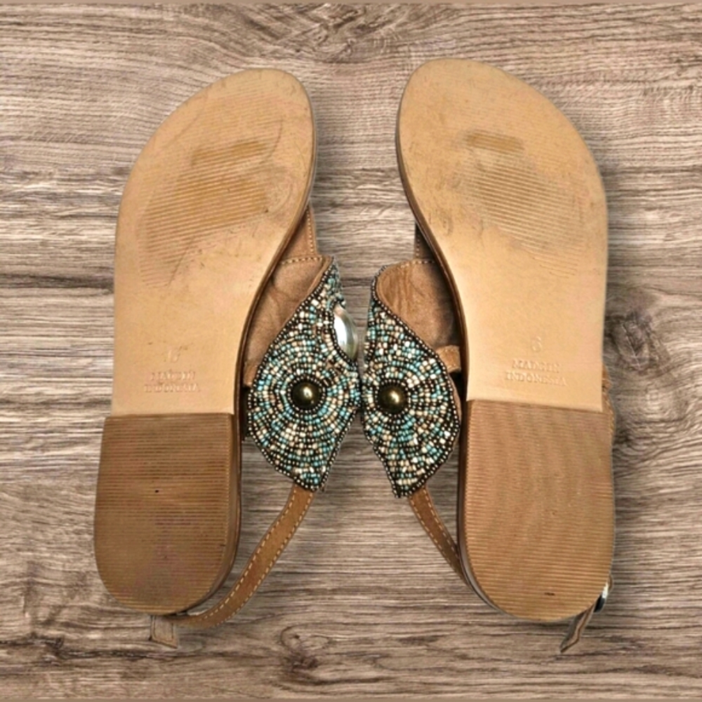 Skemo Luxury Bead Embroidered Tan Turquoise Ankle Strap Sandals Shell Details - Picture 13 of 13